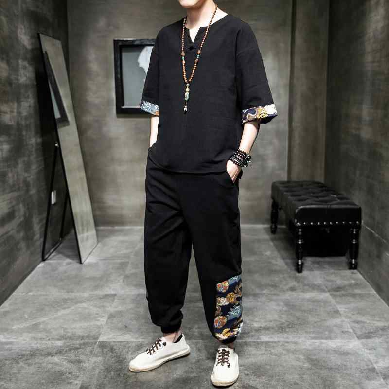 セットアップ メンズ 薄手 春夏 リラックス カジュアル 長袖 Tシャツ Vネック リネン 綿麻 中国風 漢服 唐装 大きいサイズ ビッグサイズ 上下セット 部屋着 ルームウェア