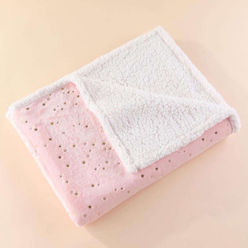 ブランケット 新生児 ベビー 厚手 二重 フランネル シープボア 縁取り おくるみ 子供用 ベビーカー 四季兼用 かわいい スター柄 ポリエステル 掛け毛布