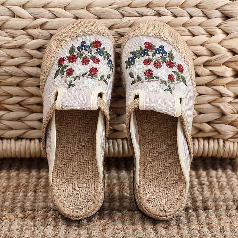 エスパドリーユ レディース 蒸れにくい 通気性抜群 レトロ エスニック 刺繍 森ガール風 麻 リネン 綿麻素材 ミュール スリッポン ラウンドトゥ フラットヒール カジュアル 旅行 春夏秋冬
