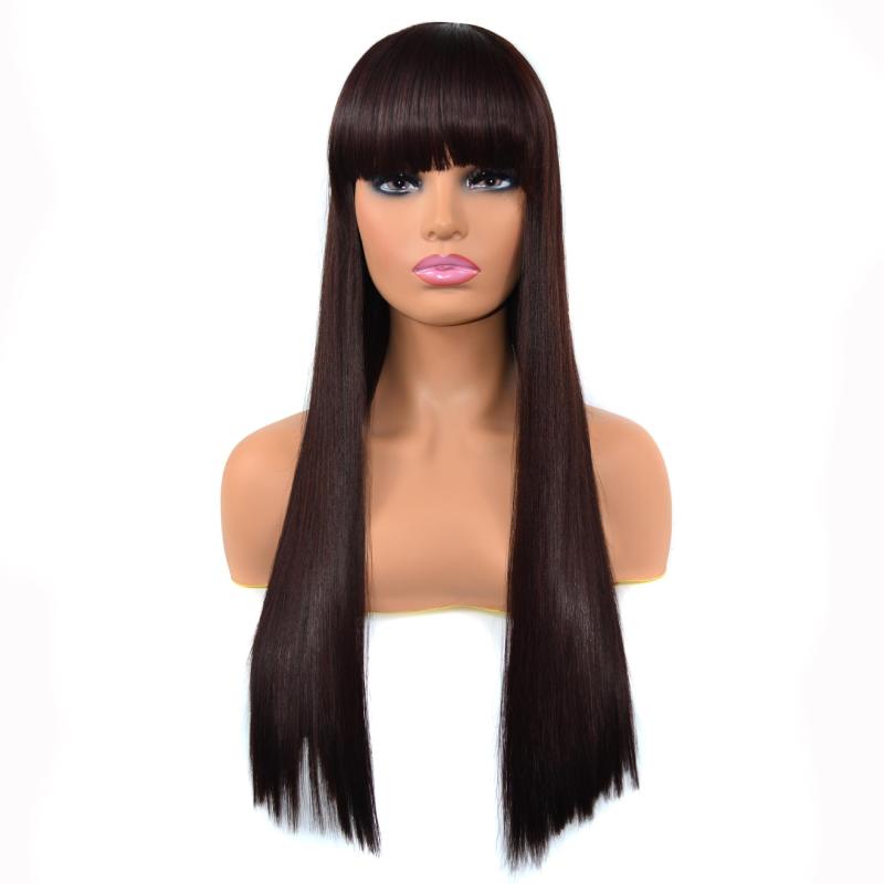 ウィッグ レディース ぱっつん前髪 フルウィッグ ロングストレート 耐熱ファイバー 高品質 自然な馴染み 小顔効果 簡単装着 ダークブラウン