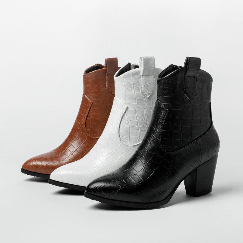 ショートブーツ レディース チェルシーブーツ ポインテッドトゥ ハイヒール チャンキーヒール サイドジップ ストーン柄 PUレザー カジュアル プラットフォーム 秋冬