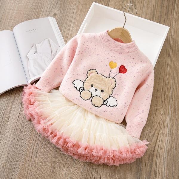 Other - ニット セットアップ 女の子 キッズ かわいい くま 裏起毛 厚手 長袖 丸首 柔らか アクリル プリンセス チュールスカート 2点セット 秋冬 ピンク オフホワイト 通園 発表会 お出かけ