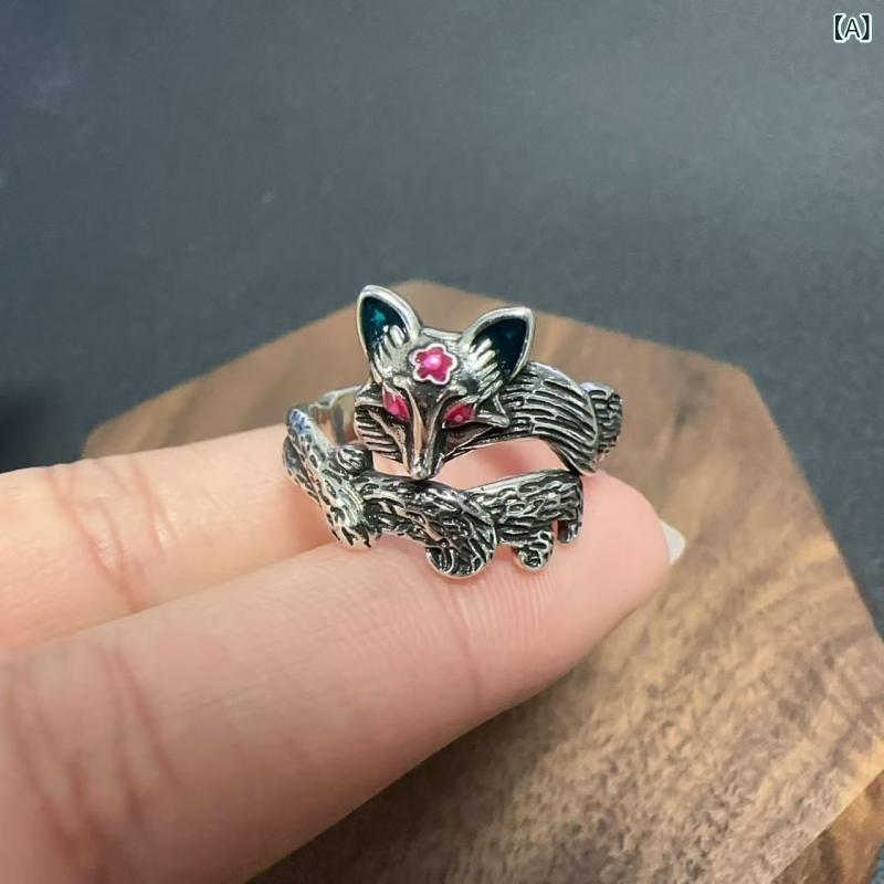モズラボの指輪 レディース 中華風エナメル彩色 個性的 ユニーク タイシルバー 燻し加工 精巧な細工 桃の花 九尾の狐 レトロ ヴィンテージ風 オープンアジャスタブル｜アングル2