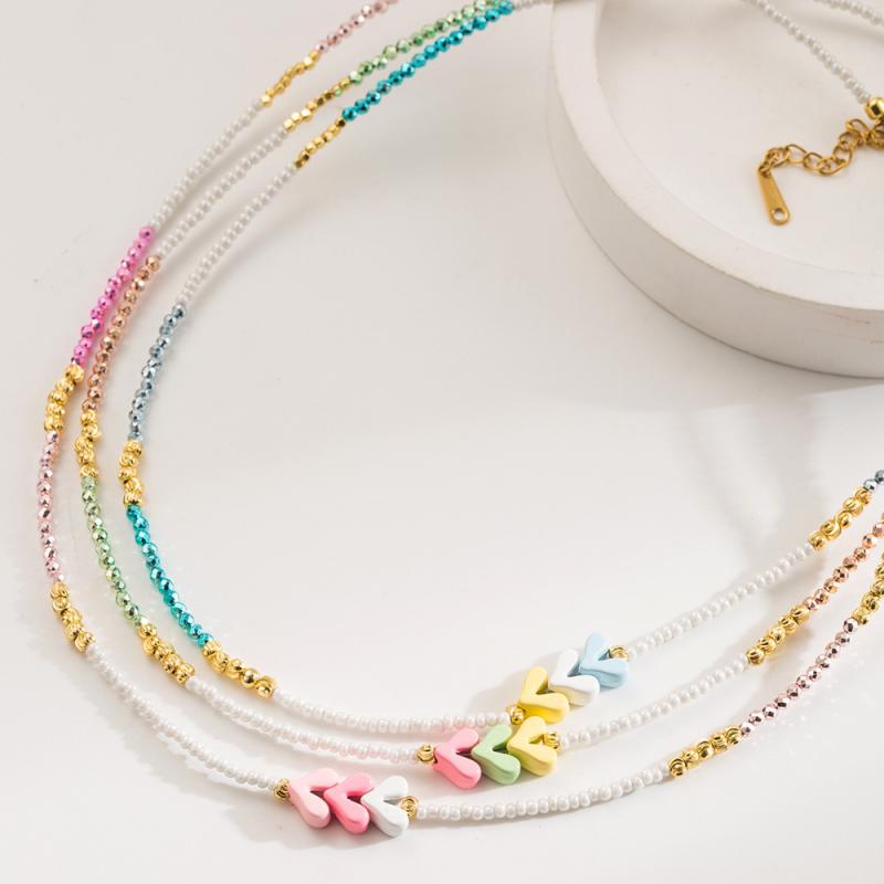 ネックレス レディース 韓国風 ボヘミアン ドーパミンカラー ハート ビーズ オールシーズン インスタ映え 高級感 手作り ジルコニア 鎖骨チェーン リゾート風