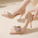 パンプス レディース ポインテッドトゥ ラインストーン リボン カットアウト 浅履き 合成皮革 細ヒール ハイヒール オールシーズン 韓国風 通勤 デイリーユー...