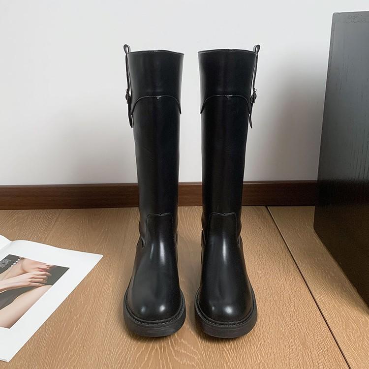 ブーツ レディース 秋冬 韓国風 レトロ ファッションブーツ 黒 ラウンドトゥ ミドルヒール ロング チャンキーヒール 厚底 ベルトバックル PUレザー 大人 耐摩耗