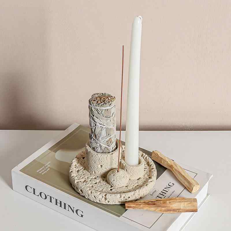 キャンドルホルダー 侘び寂び風 セメント 火山岩石製 パロサント セージ スティック香 お香立て 兼用 ..