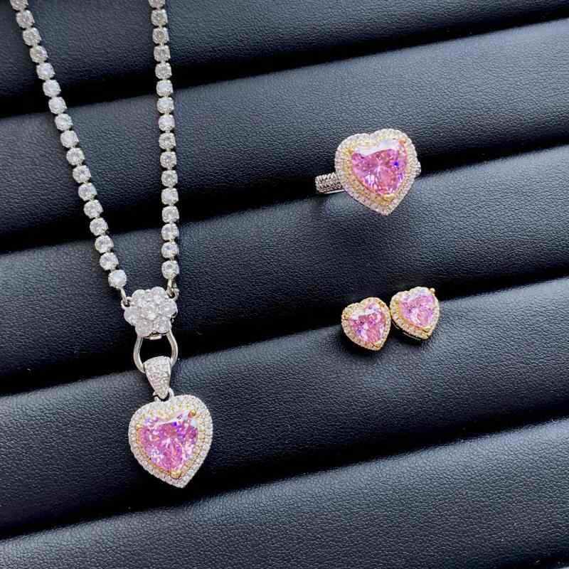 アクセサリーセット レディース 星空カット ハート形 ピンクジルコニア パヴェ オープンリング 調節可能 3点セット ネックレス ピアス 指輪 上品 エレガント 春夏