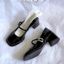 メリージェーン パンプス レディース フレンチ スタイル スクエアトゥ 太ヒール ストラップ付き ミドルヒール ブラック 黒 春秋 高級感 かわいい デイリーユ...