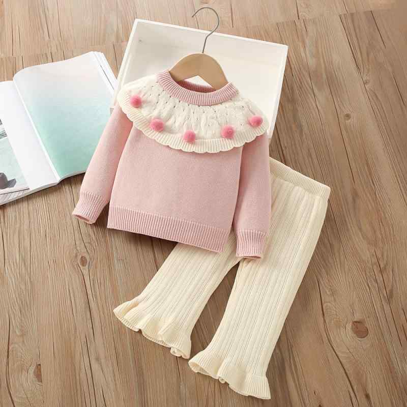 キッズ 女の子 ニット セットアップ 長袖 プルオーバー 立体ポンポン かわいい アクリル素材 パンツ 2点セット 秋冬 柔らかい肌触り ピンク アイボリー 90cm 130cm対応 通学 部屋着