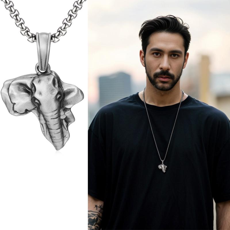 ネックレス メンズ ステンレス製 研磨仕上げ アニマルモチーフ アフリカ地図 ゾウ 象 個性的 ヒップホ..