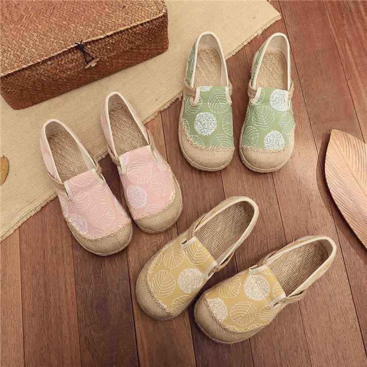 フラットシューズ レディース 軽量 通気性 ラウンドトゥ スリッポン レトロデザイン 綿麻素材 リーフ刺繍 ローヒール カジュアル 普段使い 春夏秋