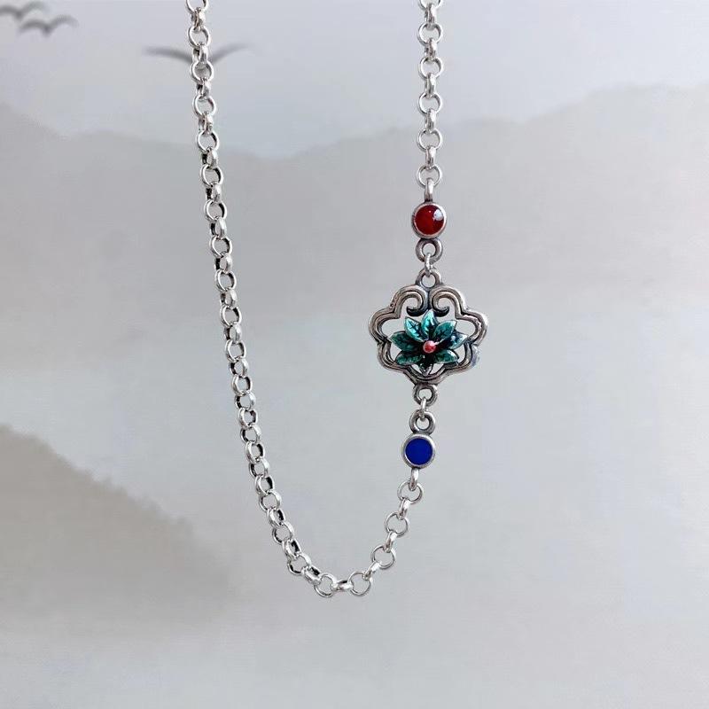 ネックレス レディース アシンメトリー 両面デザイン レトロ 焼付ブルー 蓮 ロータス 花 パール パール チェーン 銅製 シンプル 個性的 万能 普段使い カジュアル エレガント 春夏