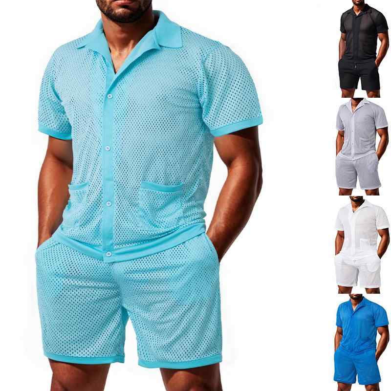 セットアップ メンズ 接触冷感 通気性 メッシュ ポロシャツ 半袖 ショートパンツ カジュアル スポーツ 2点セット