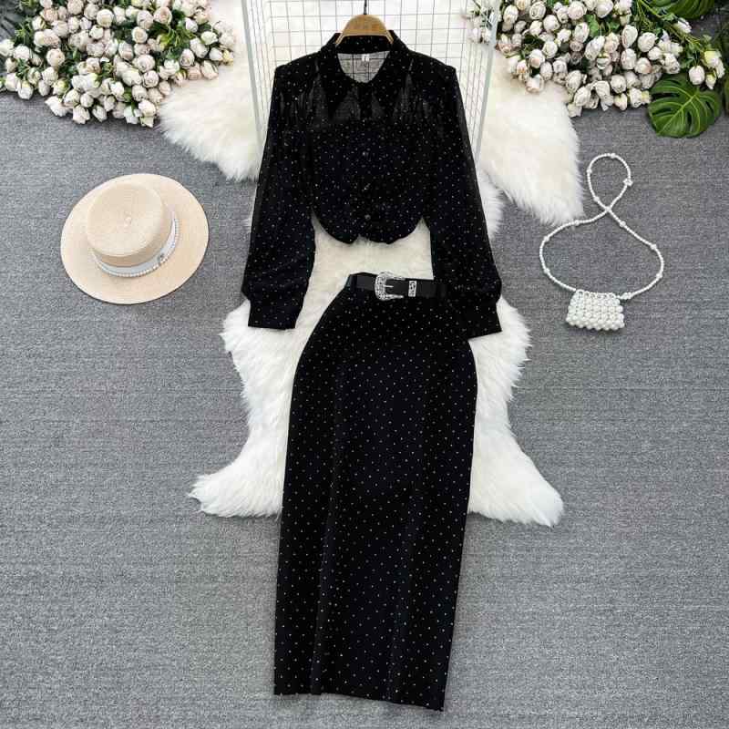 セットアップ レディース ブラウス シャツ パフスリーブ 長袖 ラインストーン シングルボタン ハイウエスト スカート 2点セット きれいめ 上品 エレガント ...