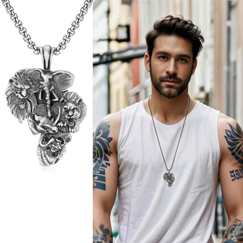 ネックレス メンズ アフリカ地図 アニマルモチーフ ライオン ゾウ サイ ペンダント レトロ 個性的 ヒッ..