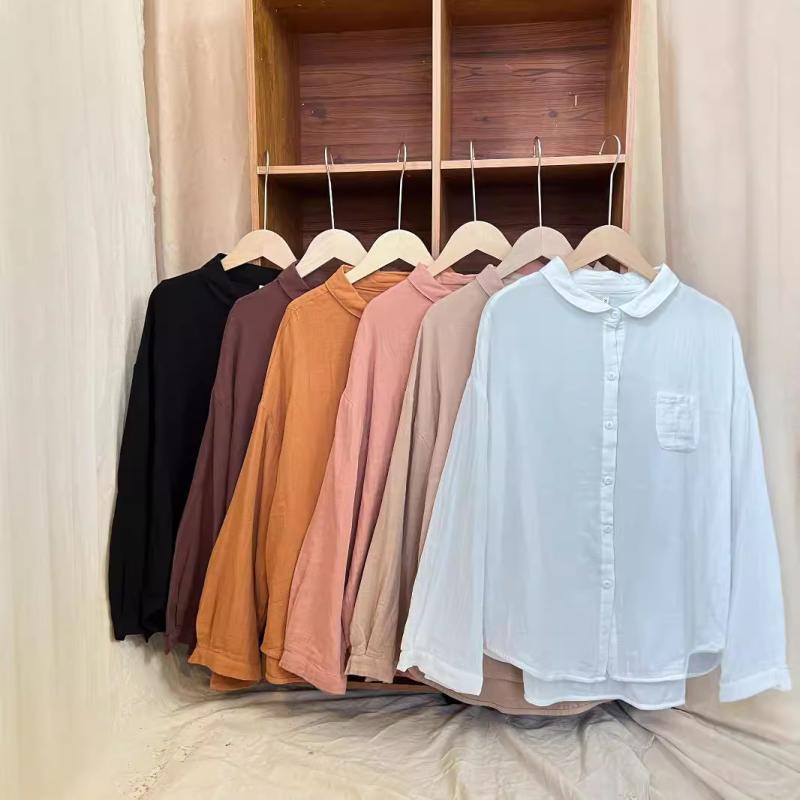 シャツ レディース ゆったり 楽ちん 綿麻 コットンリネン 切り替え 襟付き 無地 長袖 ブラウス レトロ カジュアル 着回し 秋冬 ミドル丈 前開き トップスのサムネイル