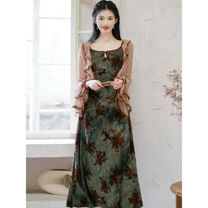 ワンピース レディース エレガント ネオチャイナ風 レトロ キャミソールワンピース 2点セット ウエストマーク ハイウエスト Aライン ロング丈 リゾート 上品 旅行 プリント柄 春夏