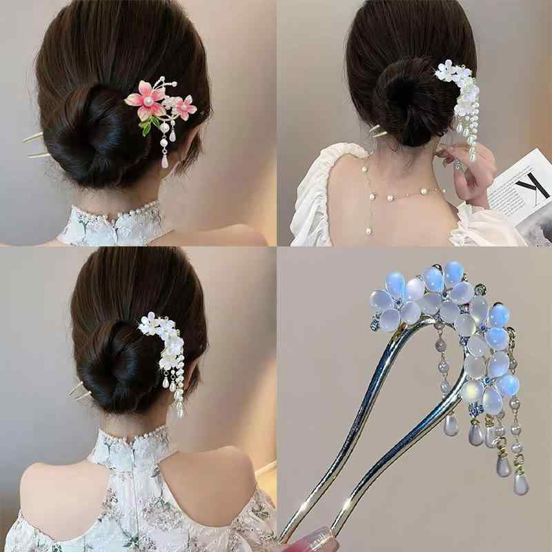 髪飾り レディース 高級感 エレガント 中華風 U字型 パール ローズ タッセル 猫目石 フラワー かんざし まとめ髪 アップヘア 漢服スタイル おしゃれ ヘアアクセサリー