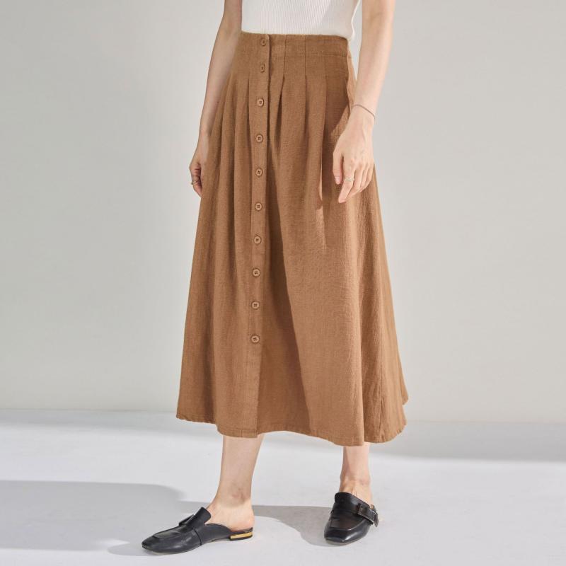 スカート レディース 砂洗い加工 ラミー素材 ハイウエスト プリーツ 細見え Aライン フレア ミモレ丈 通勤 オフィス カジュアル エレガント レトロ クラシック ヴィンテージ風 秋冬