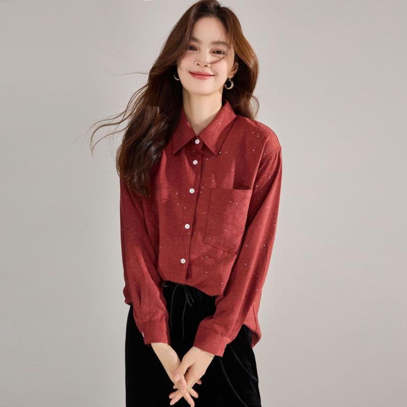 シャツ レディース 女性用 スパンコールデザイン 高級感 港風 レトロ ゆったり 長袖 重ね着 レイヤード 通勤 オフィス 着回し ミディ丈 赤 秋 ブラウス