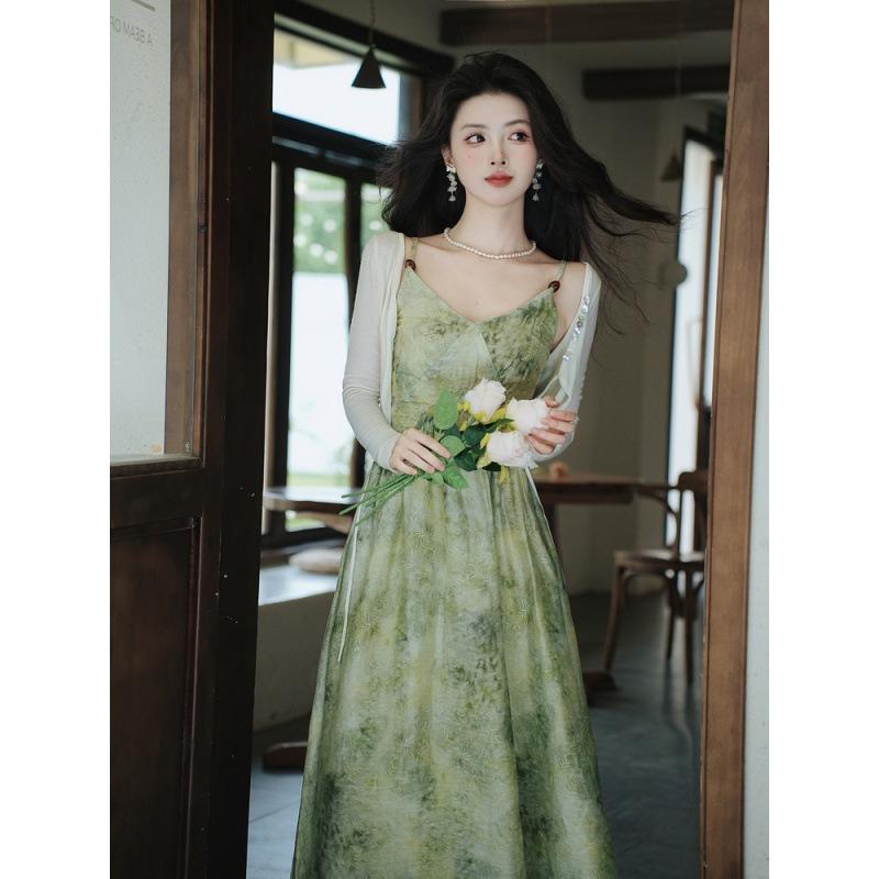 ワンピース レディース フレンチスタイル エレガント キャミソール Vネック ハイウエスト Aライン ロング丈 ウエストマーク スタイルアップ ツーピース リゾート バカンス 旅行 上品 きれいめ グリーン 春夏 ポリエステル