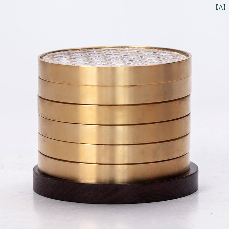 ・カテゴリ: 茶道アクセサリー・スタイル: 新中華風・素材: 高ホウケイ酸ガラス・重量: 約100g・種類: 黒檀材・真鍮製海浪クリスタルコースター6個セット、花梨材・真鍮製海浪クリスタルコースター6個セット