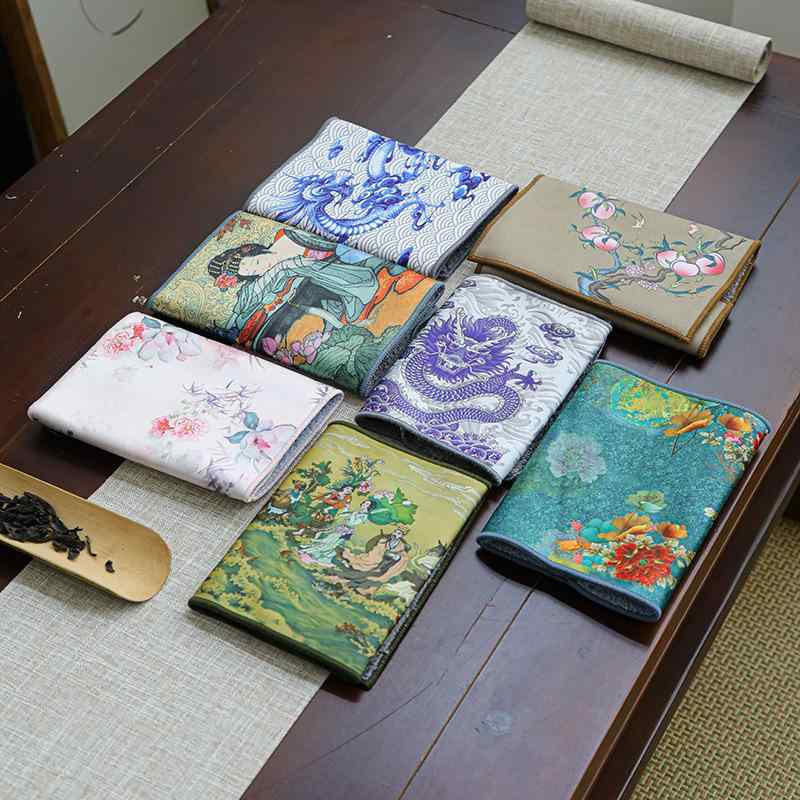 茶巾 超吸水 速乾 厚手 高密度織り スエード調 中国古典柄 敦煌デザイン 飛天 龍鳳 茶道具 茶席用 テー..