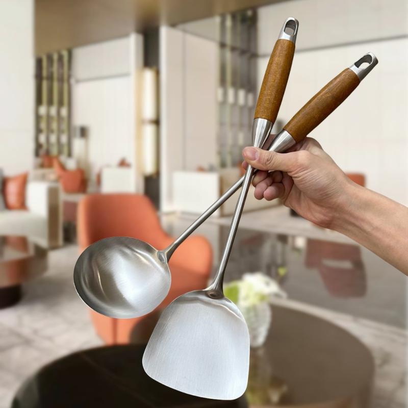 調理器具 304ステンレス 花梨木ハンドル フライ返し お玉 穴あきお玉 セット 家庭用 高耐久 キッチン用..