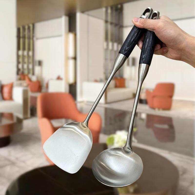 キッチンツール 316ステンレス 304ステンレス 火傷防止 耐熱 木製ハンドル ブラック お玉 フライ返し ..