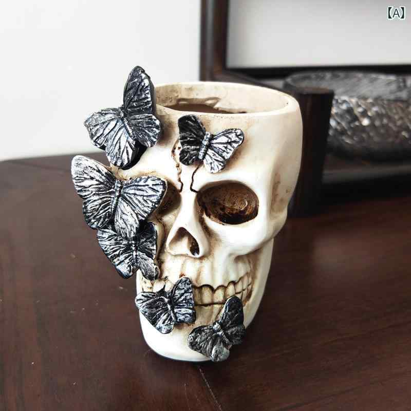 樹脂工芸品 ハロウィン バタフライスカル 置物 オブジェ 装飾品 ペン立て ペンスタンド デコレーション インテリア雑貨 合成樹脂製 [2]