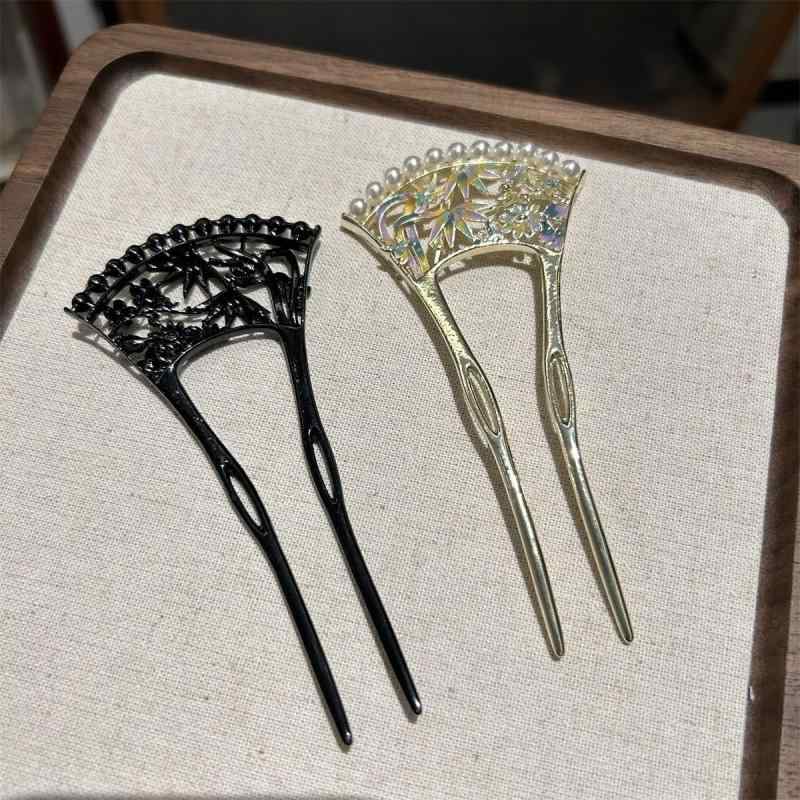 かんざし レディース まとめ髪用 アップヘア 高級感 新中式 レトロデザイン パール 扇形 U字 メタル 彩色 髪飾り 和装 浴衣 パーティー