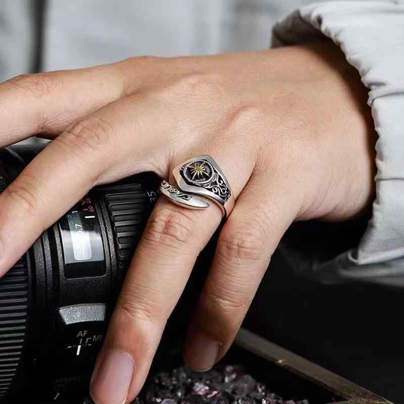 指輪 ユニセックス 純銀925 オープンリング ハンドメイド 太陽神モチーフ インディアンデザイン アメリカンカジュアル レトロ ファッションリング