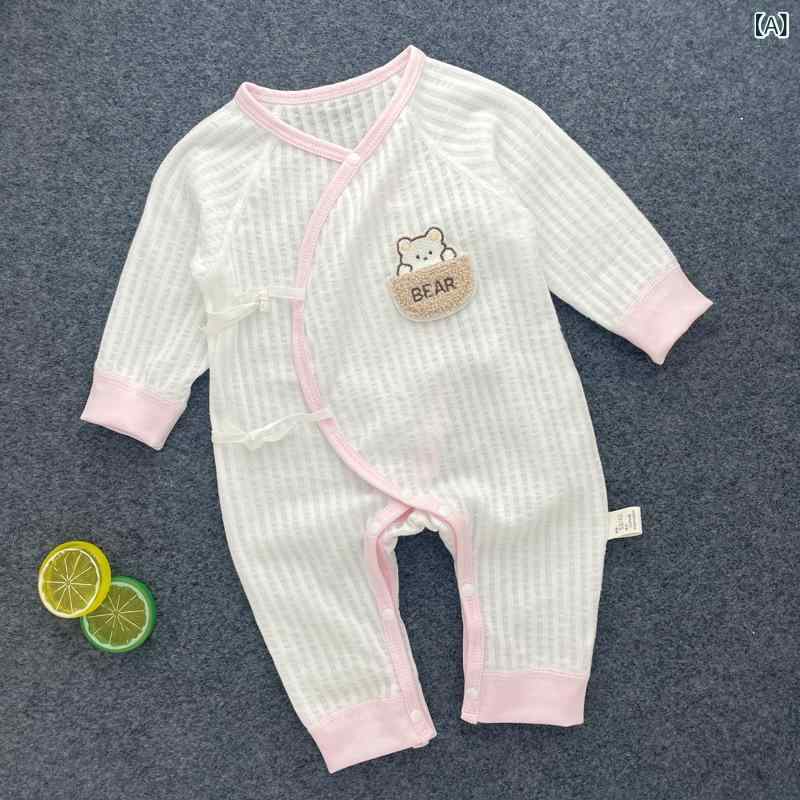ロンパース ベビー 新生児 男女兼用 綿100% 薄手 夏 肌に優しい 縫い目なし 長袖 前開き 打ち合わせ キモノ 部屋着 パジャマ 冷房対策 寝冷え防止 くま柄