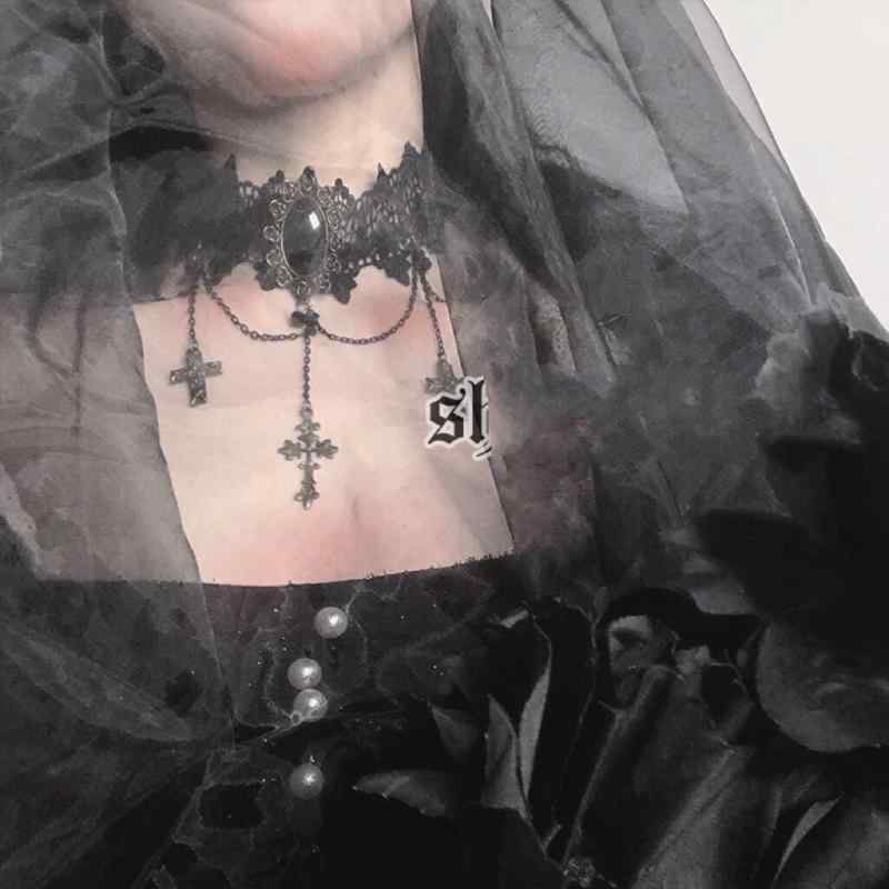 レディース ネックレス 女性用 個性的な ゴスパンク ゴシック ロリータ ヴィンテージ レトロ 十字架 レース 合金製 チョーカー 鎖骨ネックレス アクセサリー(4)