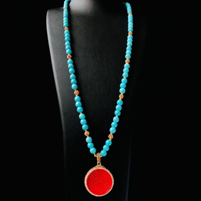ネックレス レディース 中国風 上品 辰砂 曼荼羅 ペンダント ターコイズ トルコ石 干支 開運 赤色 ロン..