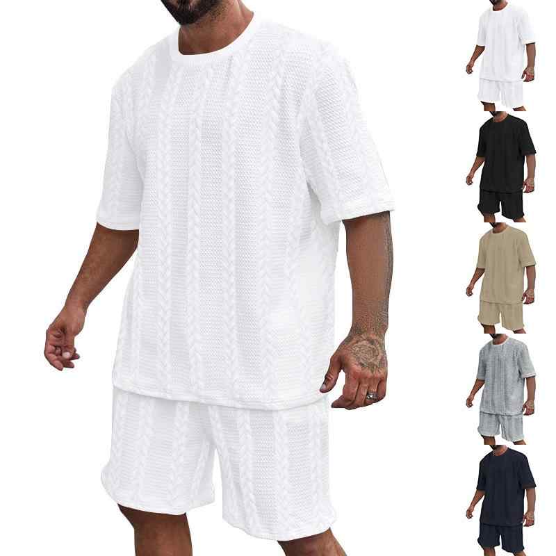 セットアップ メンズ 半袖ショートパンツ 春夏 無地 ケーブル編みジャカード スポーツ カジュアル ルー..
