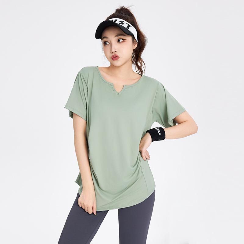 Japanese Print - Tシャツ レディース 大きいサイズ ゆったり 吸汗速乾 半袖 Vネック スポーツ ランニング フィットネス ウェア 体型カバー 春夏 ジム ヨガ カジュアル