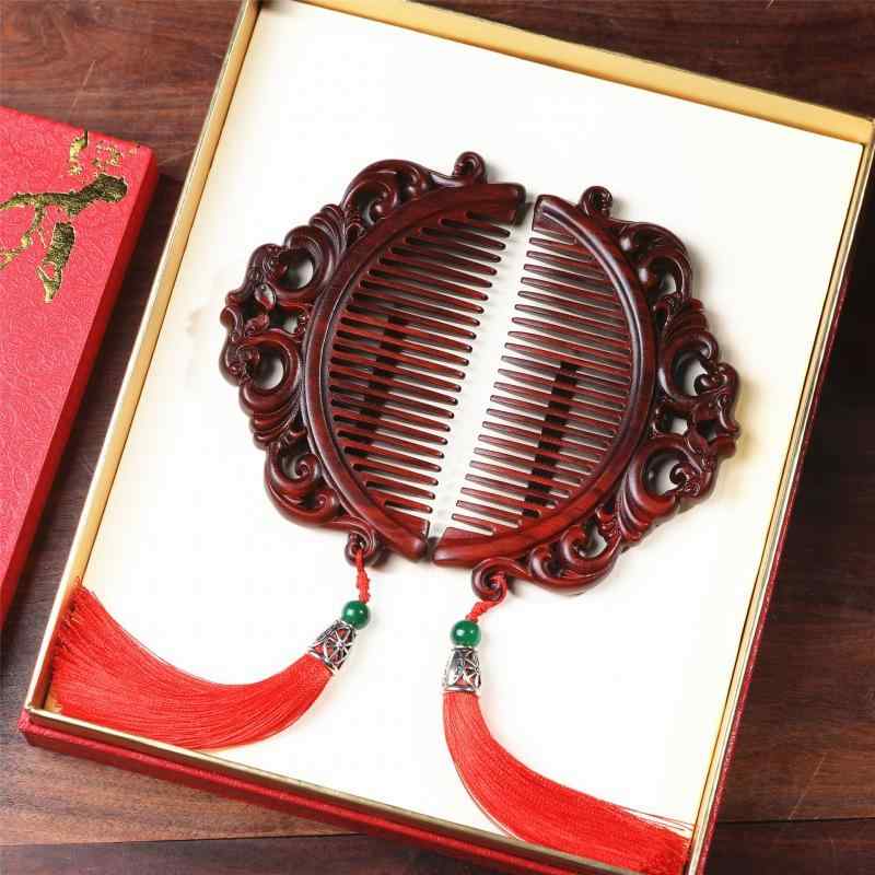 櫛 紫檀紅木 マッサージコーム 頭皮ケア 美髪 璃龍彫刻 天然木製 高級感 工芸品 ペアセット ギフトセッ..