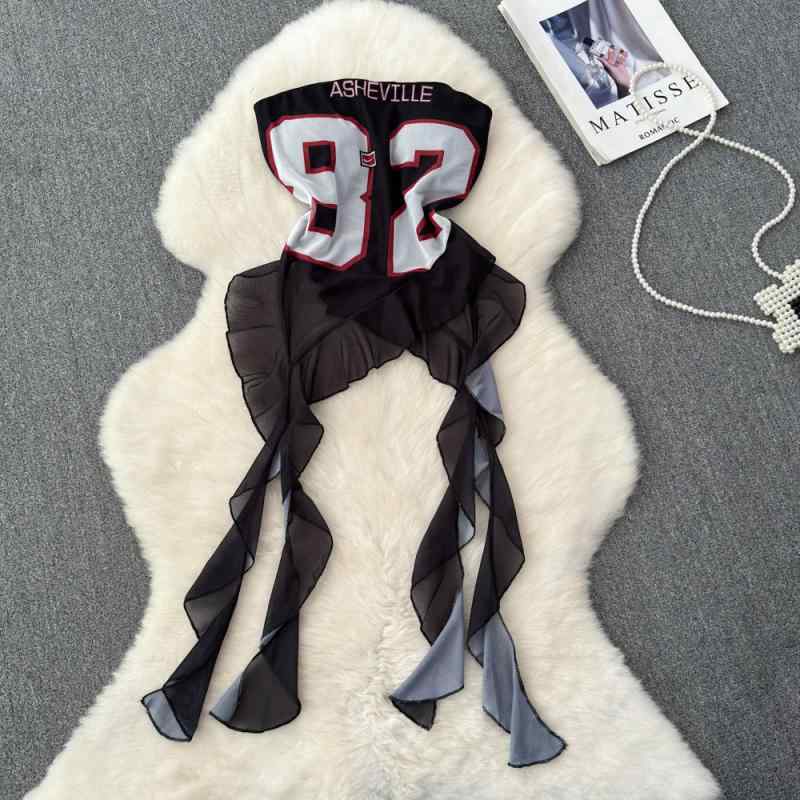 チューブトップ レディース セクシー デザイン性 プリント フリル フリンジ 細見え アシンメトリー シェニール素材 ストレッチ ブラック 大人カジュアル きれいめ 上品 春夏