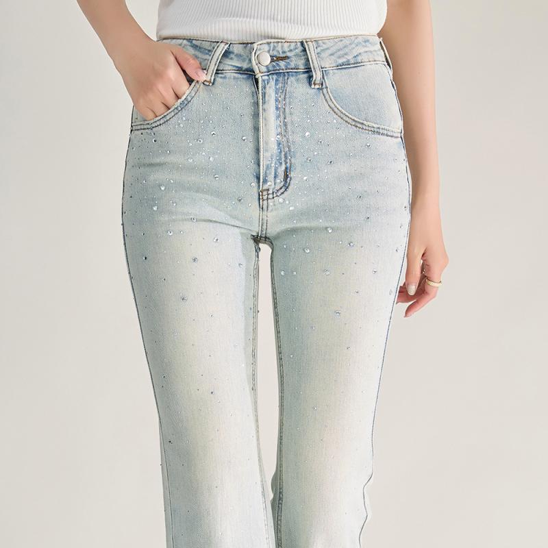 デニムパンツ レディース 春夏 ストレッチ 薄手 ラインストーン ウォッシュ加工 淡色 ハイウエスト ブーツカット フルレングス 綿混 ブルー 韓国ファッション