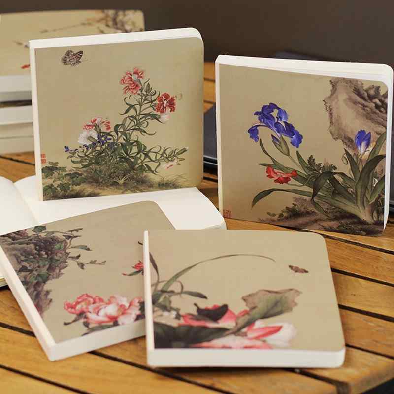 手帳 ノート 空白ページ スタンプ帳 捺印帳 スパイラル綴じ 中国風 花鳥画 古典絵画 レトロ アンティー..