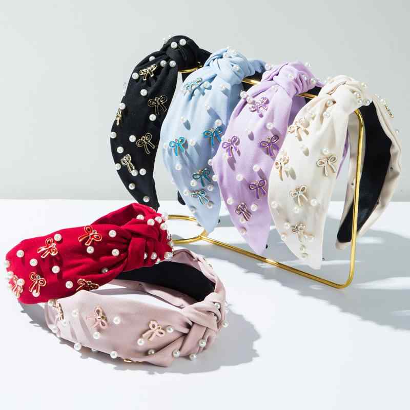 ヘアアクセサリー レディース 幅広 布製 ノットデザイン リボン ビーズ装飾 カチューシャ ヘアバンド 大人かわいい シンプル フェミニン お出かけ デイリー