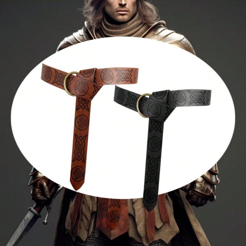 ベルト メンズ 中世風 バイキング 騎士 レトロ ヴィンテージ 型押し レザー リングバックル ブラック ..