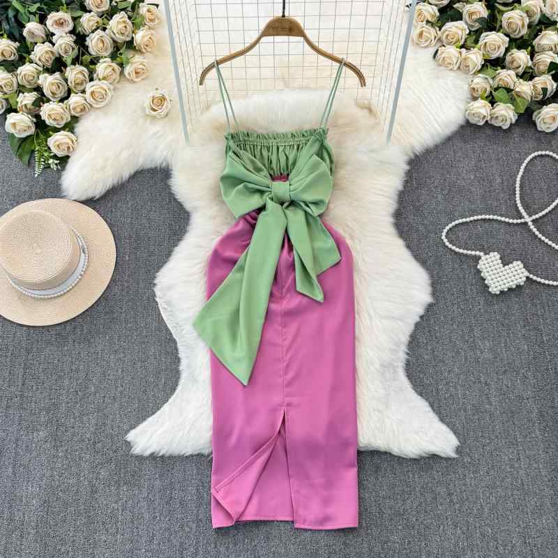 ワンピース レディース キャミソール バックオープン リボン 配色 セクシー 華やか 大人 エレガント 高級感 リゾート ハイウエスト ロング丈 無地 パープル レトロ ヴィンテージ カジュアル