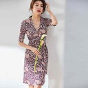 ワンピース 低身長向け 通勤 きれいめ ストレッチ アセテートニット プリント Vネック 5分袖 ハイウエスト ミディ丈 ラップデザイン 春夏 欧米風 おしゃれ ドレス