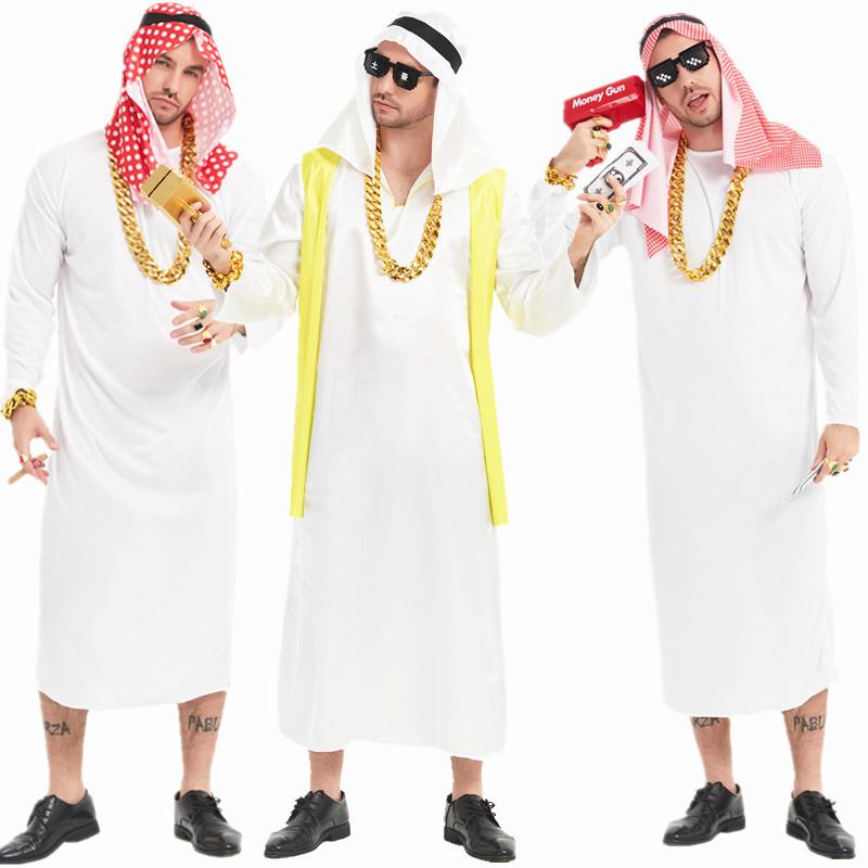 コスプレ 衣装 男女兼用 ドバイ風 中東 アラビアン 大富豪 ローブ 成金 極太チェーン おもしろ 仮装 誕生日 パーティー イベント SNS映え 動画映え ハロウィン クリスマス 忘年会 新年会 学園祭 文化祭 ポリエステル製 フリーサイズ
