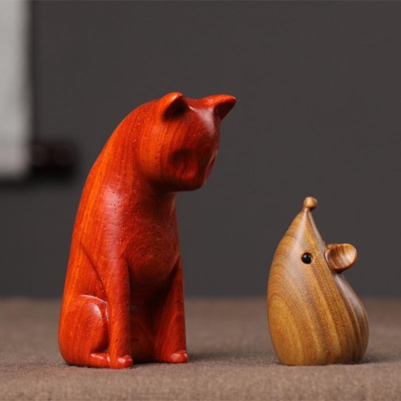 木製置物 紅花梨彫刻 猫 緑檀 鼠 デスク 卓上 書斎 飾り物 インテリア オブジェ 開運 縁起物 干支 アニ..