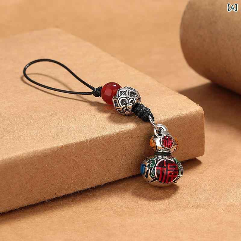 キーホルダー ユニセックス 男女兼用 景泰藍 七宝焼 エナメル 瓢箪 福文字 レジン加工 タイシルバー風 開運 お守り おしゃれ シンプル レトロ アンティーク ファッション小物 バッグチャーム