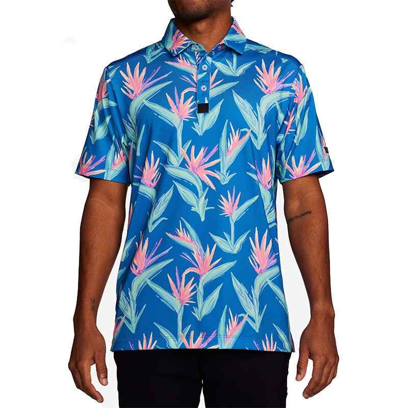 ゴルフポロシャツ メンズ 速乾 昇華プリント 葉柄プリント 半袖 ボタン 通気性 ポリエステル素材 スポ..